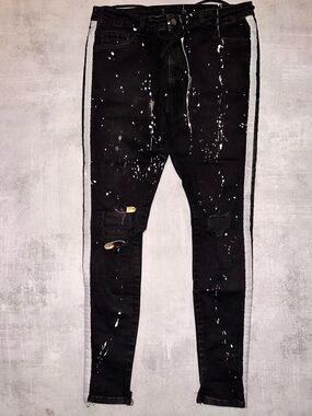 Legend London Black paint splatter denim jeans with white stripe
